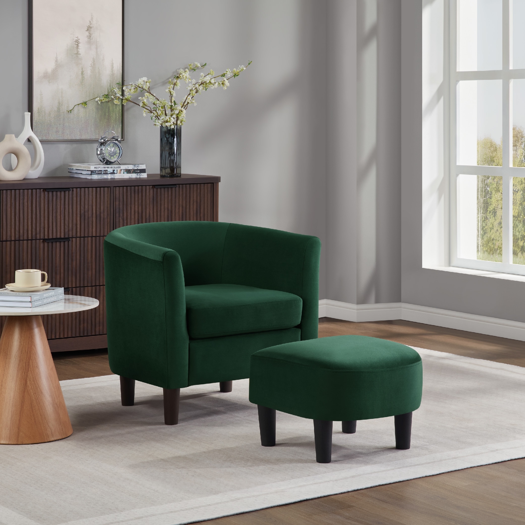 Velvet Accent Chair With Ottoman, Modern Barrel Chair Armchair For Living Room, Green_maomaolike.com
